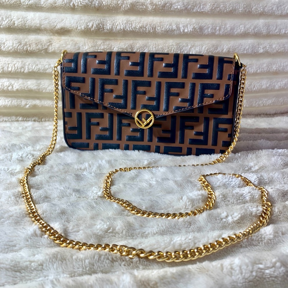 Fendi brown and Beige Crossbody Bag with Gold Chain